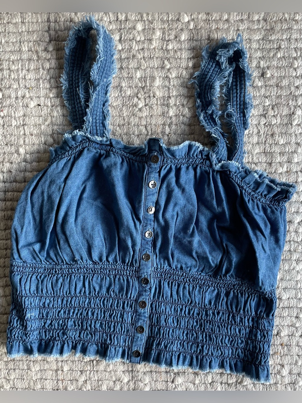 Aeropostale Denim Blue Frayed-Strap Smocked Crop Top